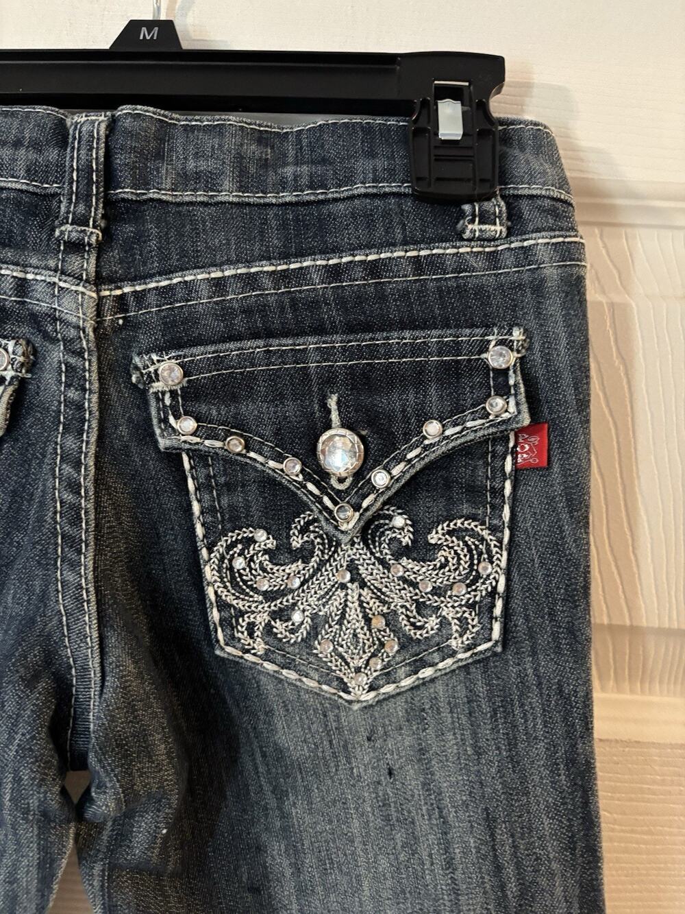 Pop Jeans Girls 8 Dark Wash Embroidery Flap Button Pockets Glam Boutique Fancy